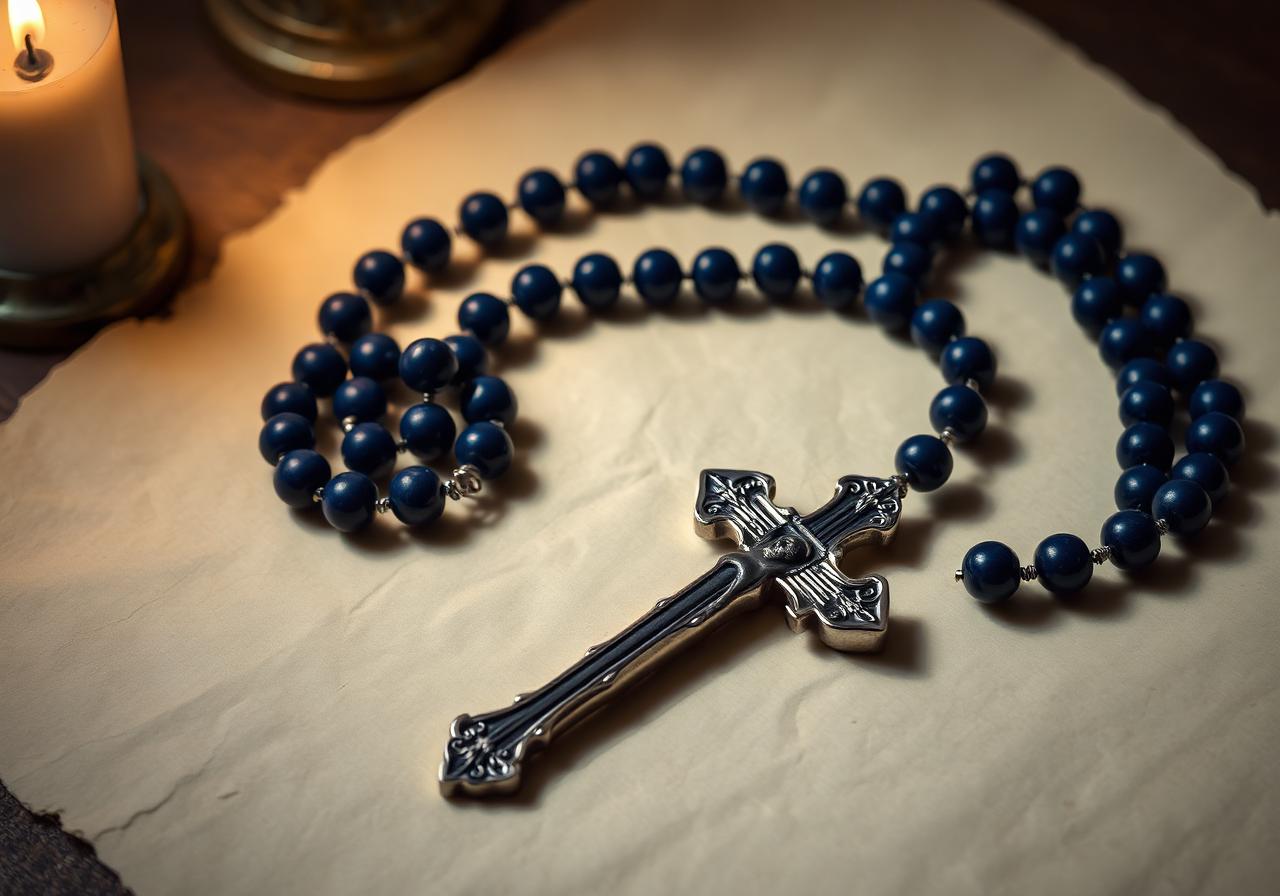 Blue rosary beads with silver crucifix on parchment
